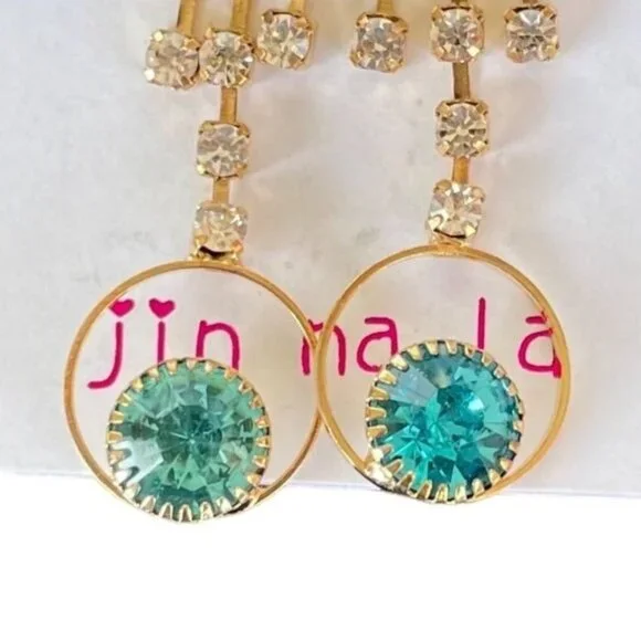 Dangling Gold-Plated Earrings w/Aqua and Clear Rhinestone Accents by Jin na la - Picture 3 of 7